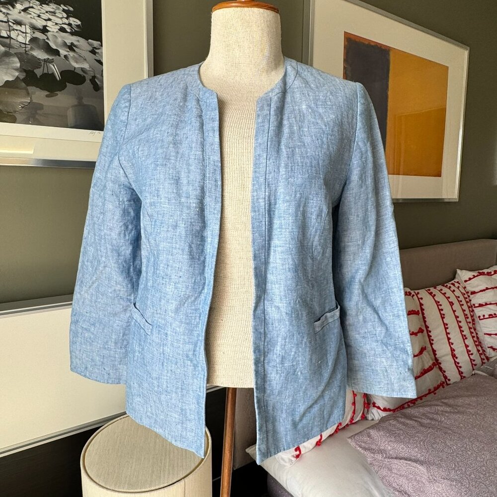 - Talbots Open Blazer 100% Linen 3/4 Sleeves Classy Sky Blue NWOT US 2   - U2111